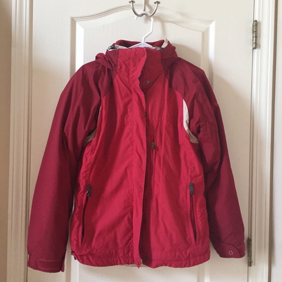 Red and beige heavy winter coat