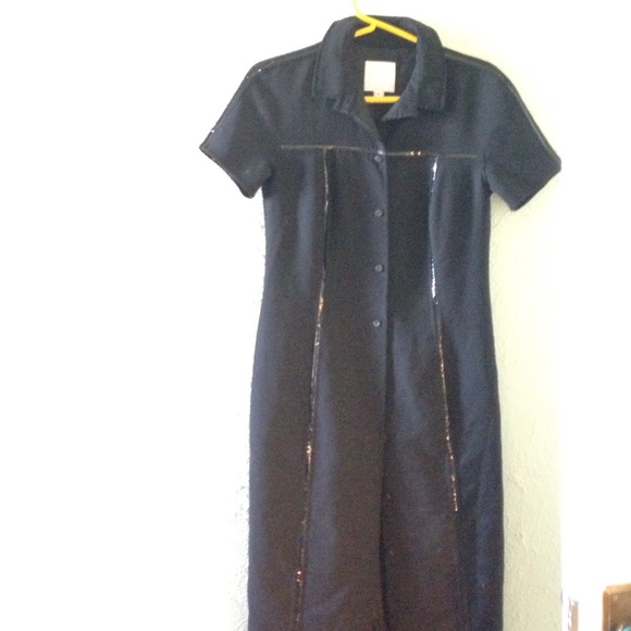 Wool button down dress with vinyl accent