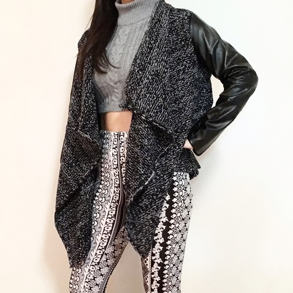 Faux leather contrast knitted waterfall sweater