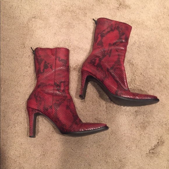 Red Leather Snakeskin Embossed Boots