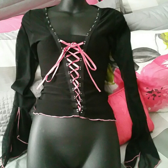 Black & Pink Rhinestone Long Sleeve Blouse Top