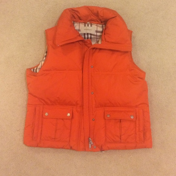 Orange puffy Burberry vest, like new and warm!