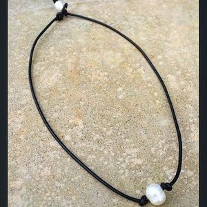 V-DAY SALE Black Leather & Freshwater Pearl Choker