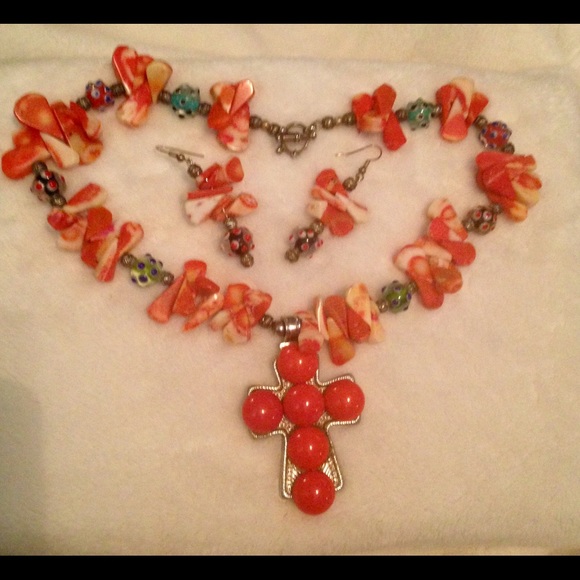 Super Cute Orange Cross Necklace and earrings