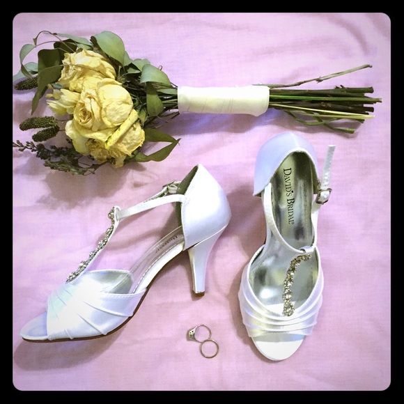 White satin and rhinestone t-strap wedding shoes