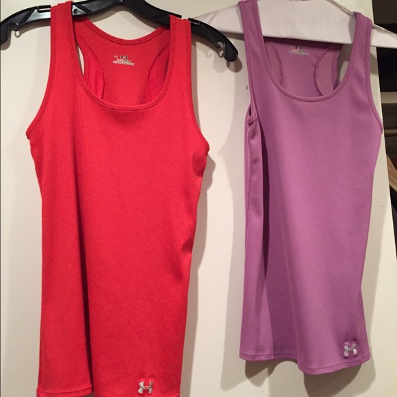Under Armour tanks orangey red and purple
