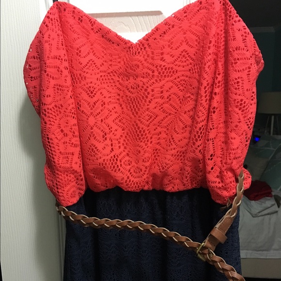 Coral strapless dress with navy blue skirt