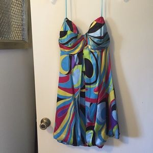 Multi color strapless cocktail dress.