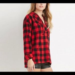 V neck classic red black plaid hoodie