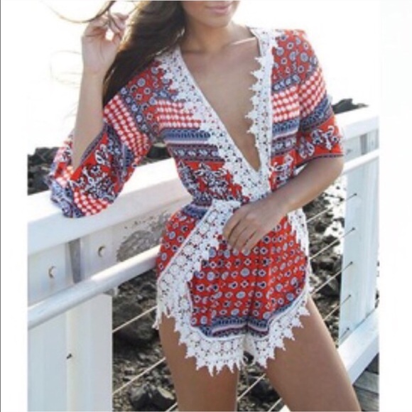 💠💠The GLENDON print lace romper - RED - Picture 3 of 4