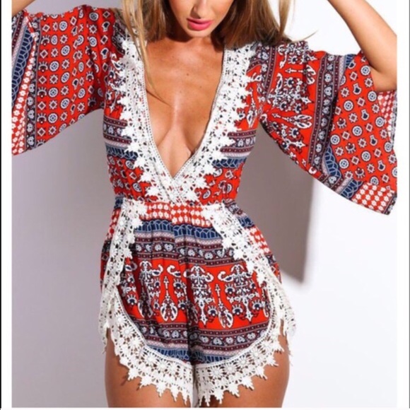 💠💠The GLENDON print lace romper - RED - Picture 4 of 4