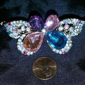 Multi-colored rhinestone butterfly gold barrette