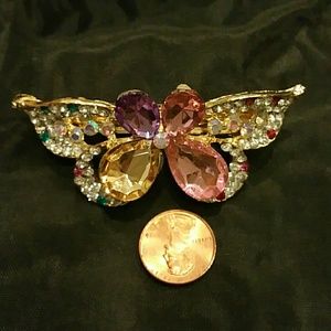 Multi-colored rhinestone butterfly gold barrette
