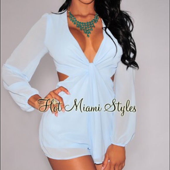 Sky blue, lace cut out back, long sleeve romper