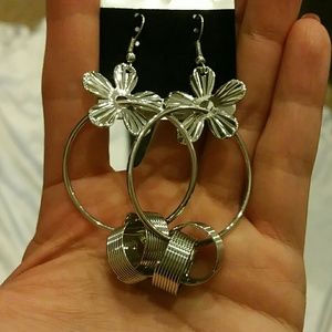 Silver hoop flower earrings