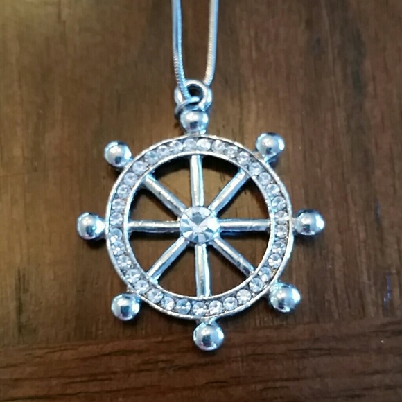 Rhinestone ship's wheel pendant and chain