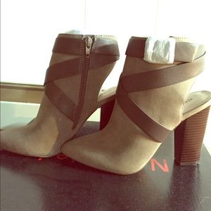 Brown suede and leather strapped booties