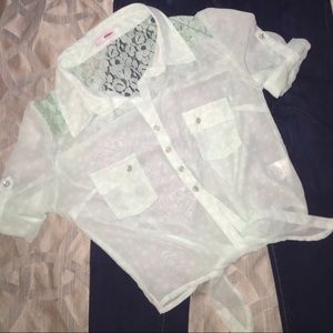 Teal polka dot crop top top w/ partial lace back