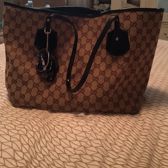 Gucci Tote- brown with black patent leather trim
