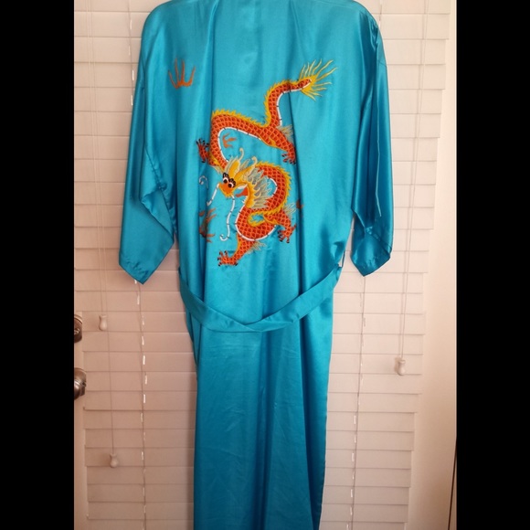 Gorgeous turquoise silk satin, embroidered robe