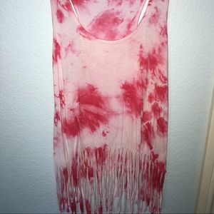 Red and White Tie-Dye Fringe Top