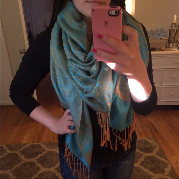 Gold and blue pashmina/silk pashmina/scarf/wrap