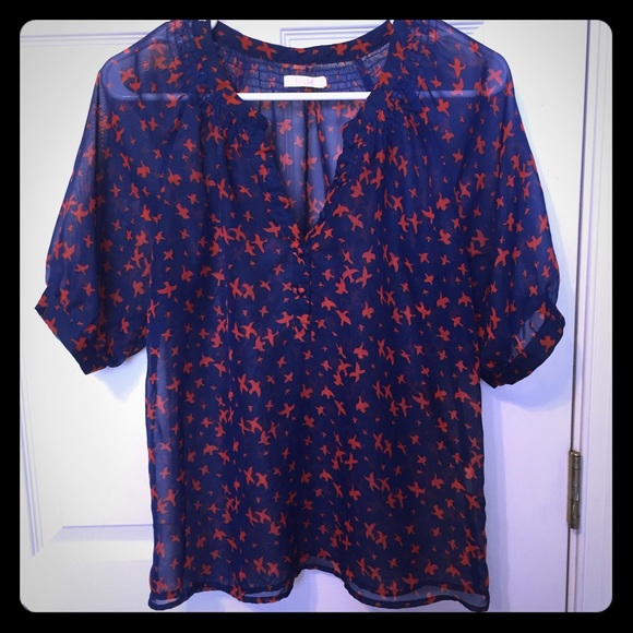 Tulle sheer navy blue top with red bird print