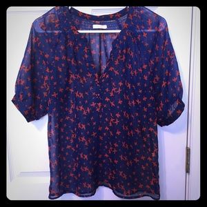Tulle sheer navy blue top with red bird print
