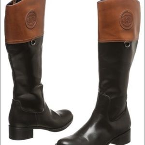 Brown and black riding boots