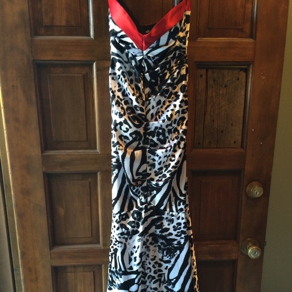Floor length, animal print dress with red detail. - Picture 2 of 4
