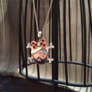 Sterling Silver Skull Necklace w/ Rose Gold & Ruby