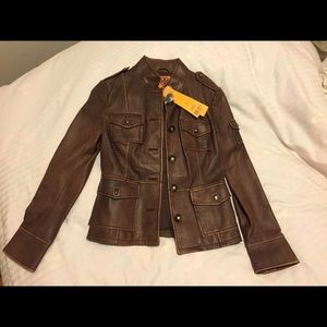 Tory Burch brown military leather jacket
