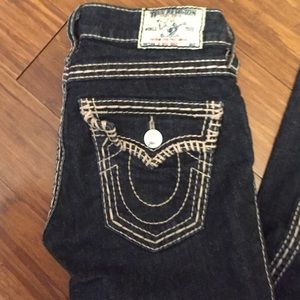 True Religion straight cut dark wash pink stitch