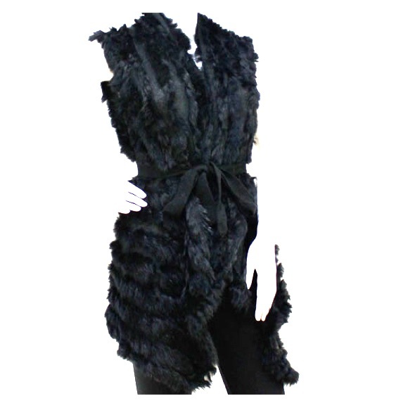 Real fur striped sweater vest in black One Size