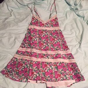 Pink floral open back dress with lace detail