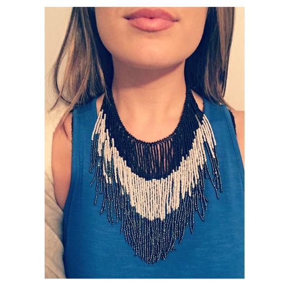 Aztec Beaded Dark Blue/Black & White Necklace