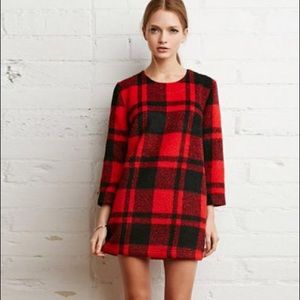 Crew neck black red plaid dress