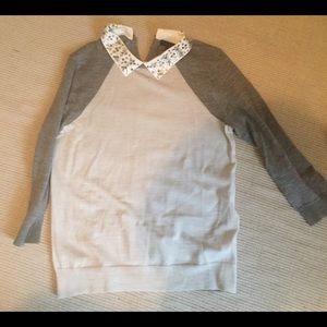 J. Crew baseball sweater with jeweled collar.