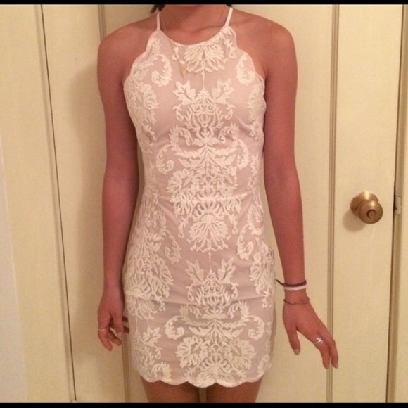 LF scalloped cream lace bodycon dress