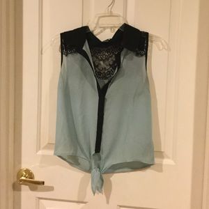 Mint and black lace button up tank