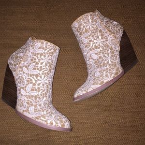 White and nude lace wedge booties