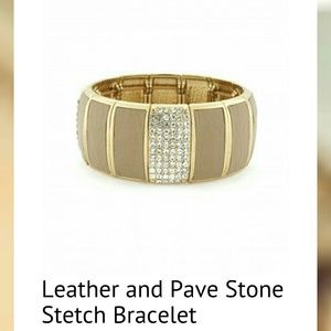 Tan & Gold Leather and Pave Stone Stretch Bracelet