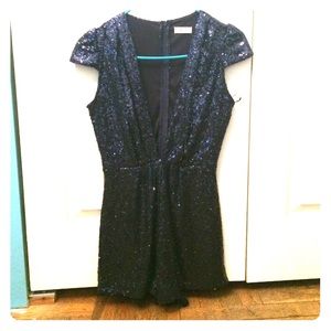 Sequin dark blue romper with plunging neckline