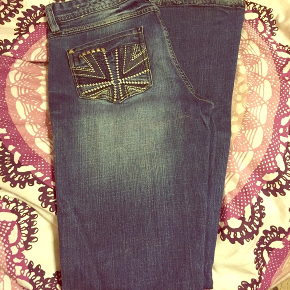 Vanity dark "worn" look embellished back pockets
