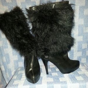 Black furry high heel boots