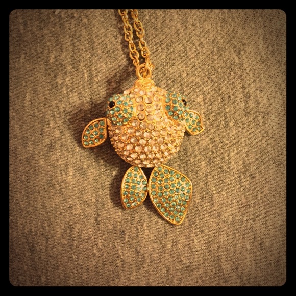 Long chain gold gem fish necklace