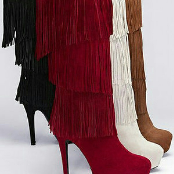 Red Fringe Heel Boots