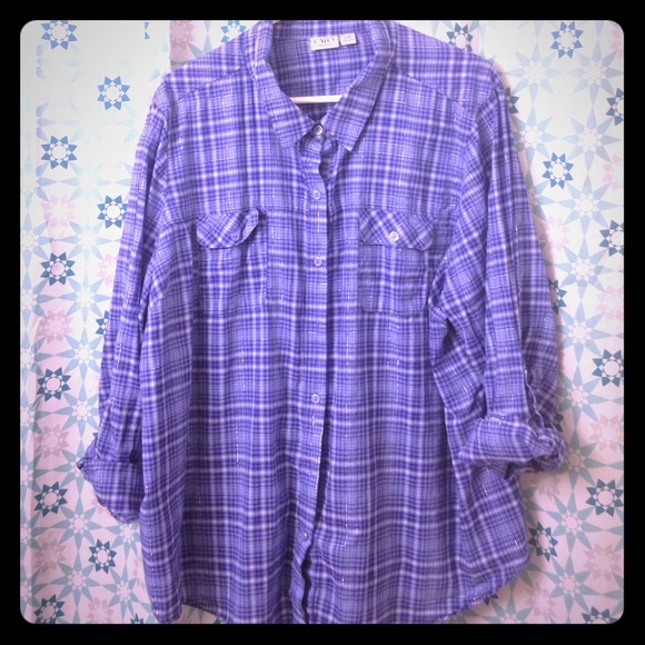 3x purple plaid sparkle button down