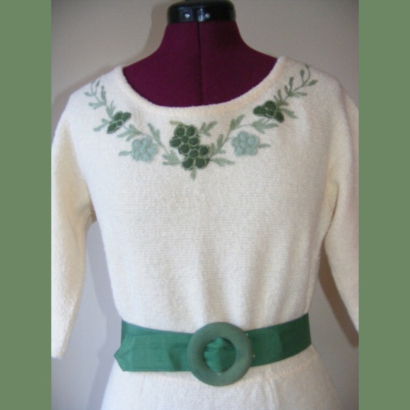 Vintage 50s Wool Chenille Floral Appliqué Dress - Picture 2 of 4