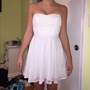 White Strapless Bow Back Dress with Lace Overlay